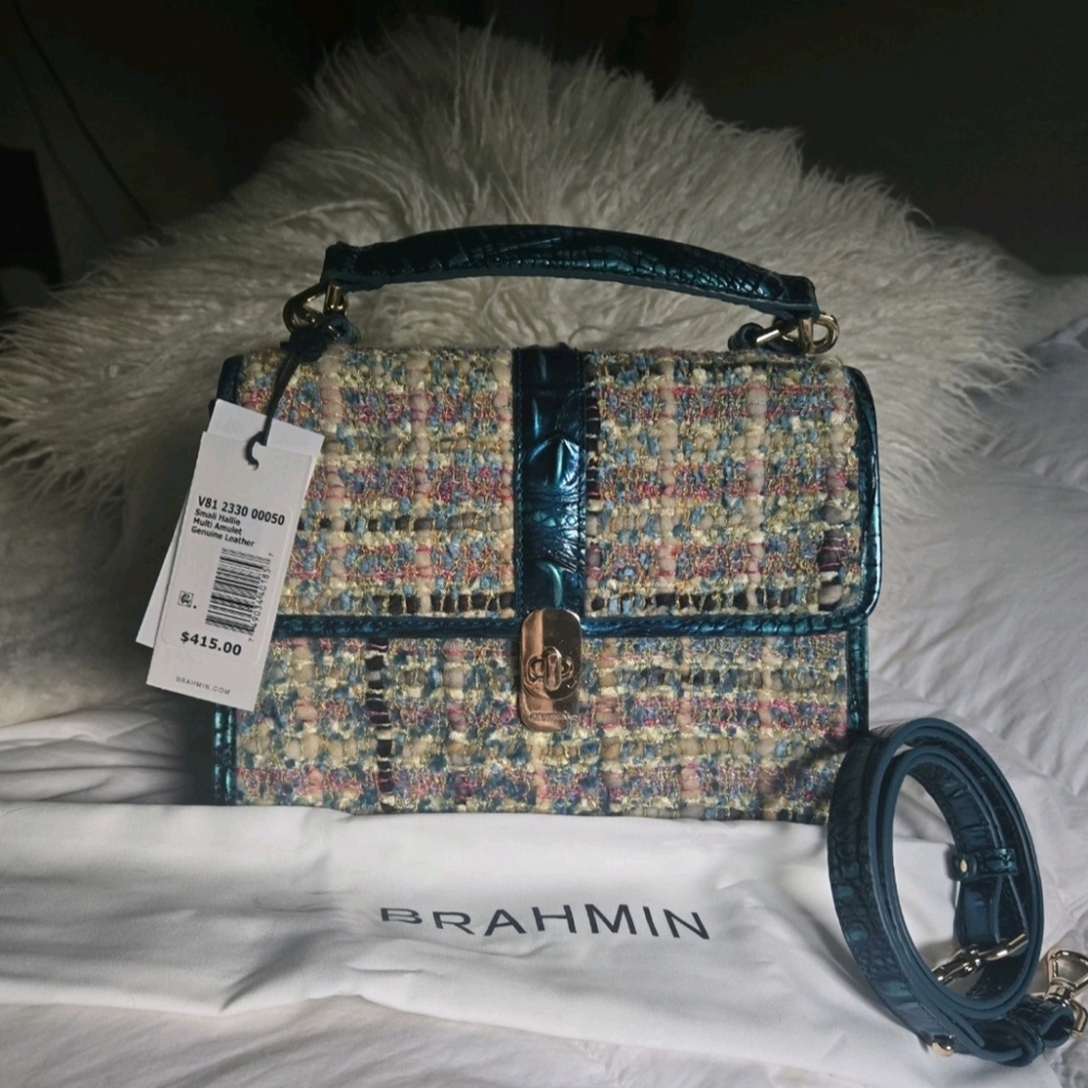 Brahmin Small Hallie Multi Amulet Leather/Tweed top handle & crossbody NWT